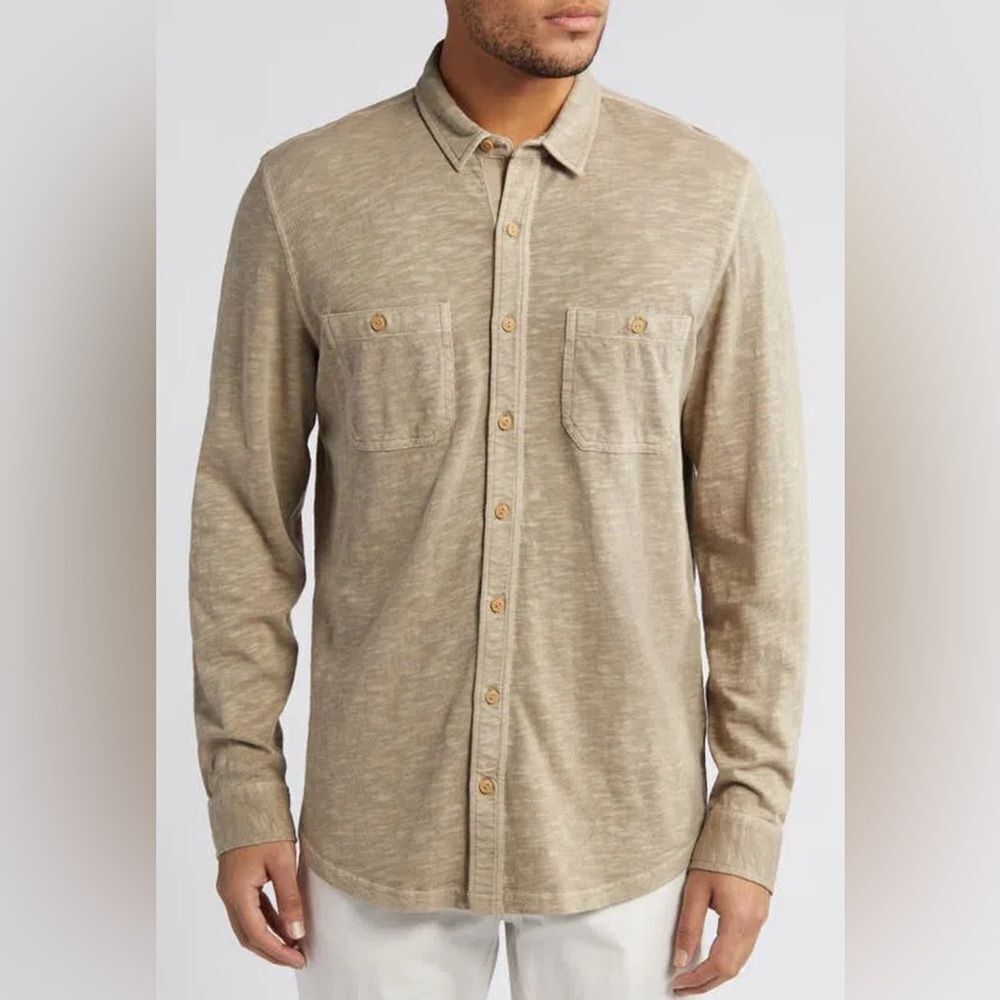 Men's Casual Tan Button-Down Cotton Shirt size Medium